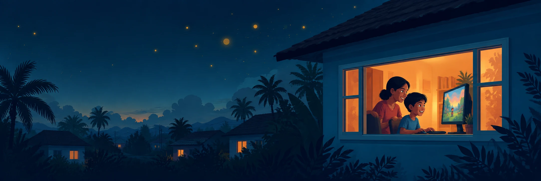A child plays on a desktop computer with their mother nearby, inside a warmly lit Filipino home at dusk.