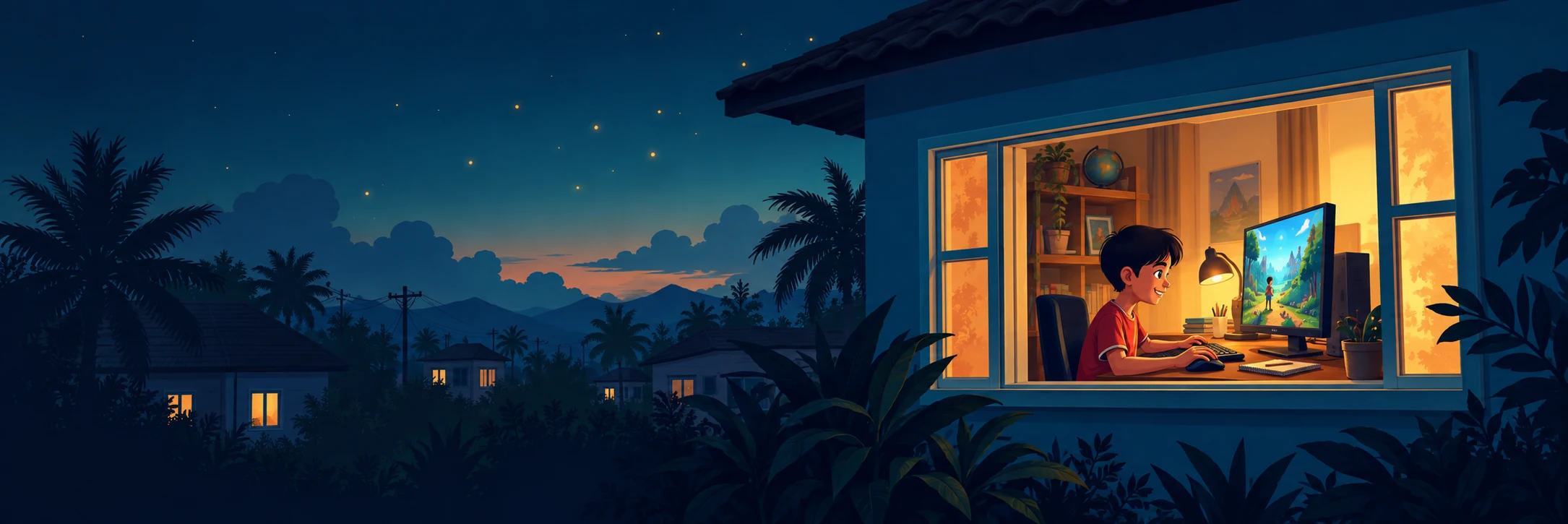 A child enjoys an adventure game on a desktop computer, seen through a warm window in a Filipino neighborhood at dusk.