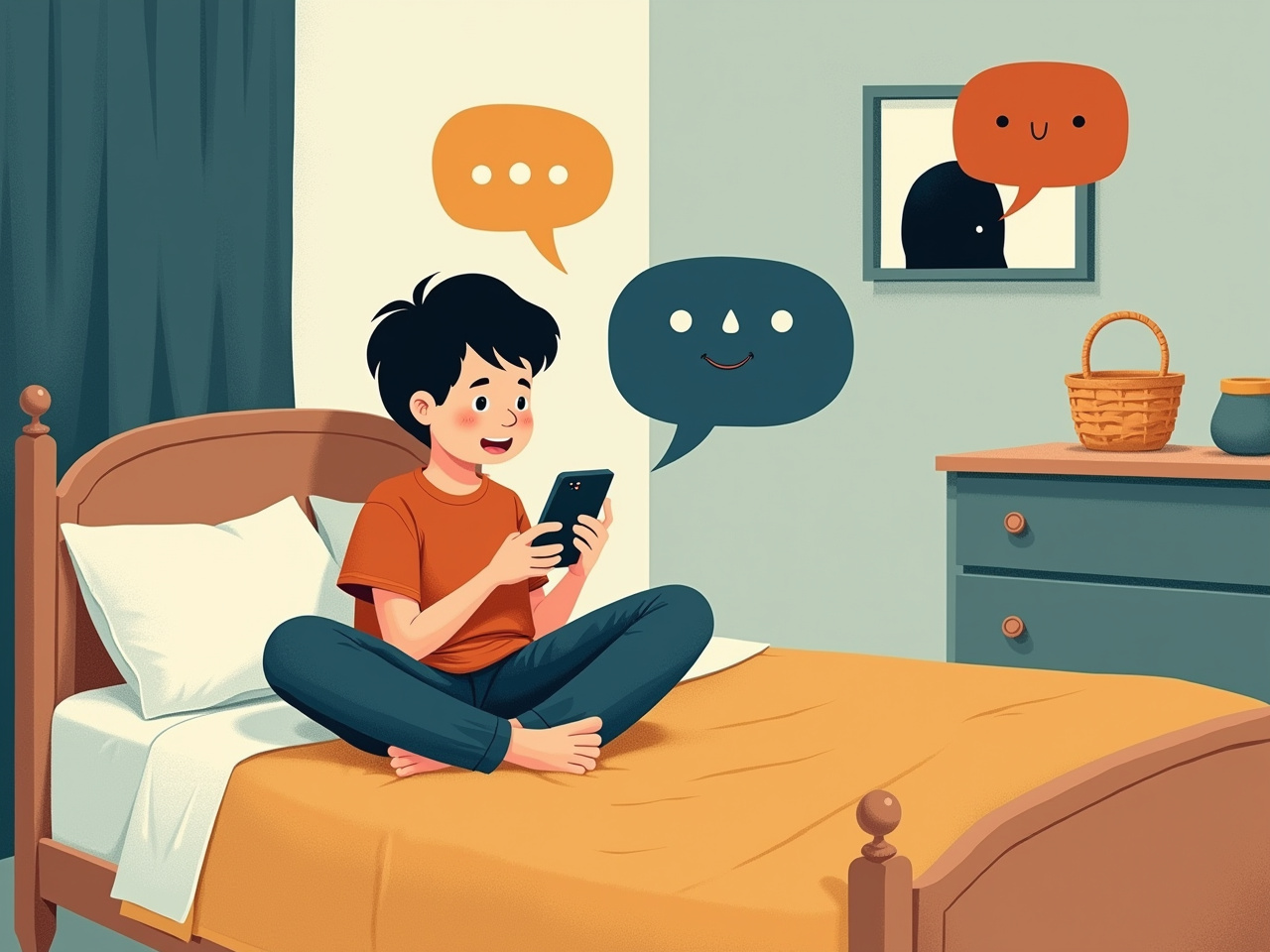 A boy plays a game on his phone in bed; friendly chat bubbles float above, one hiding a shadowy figure.
