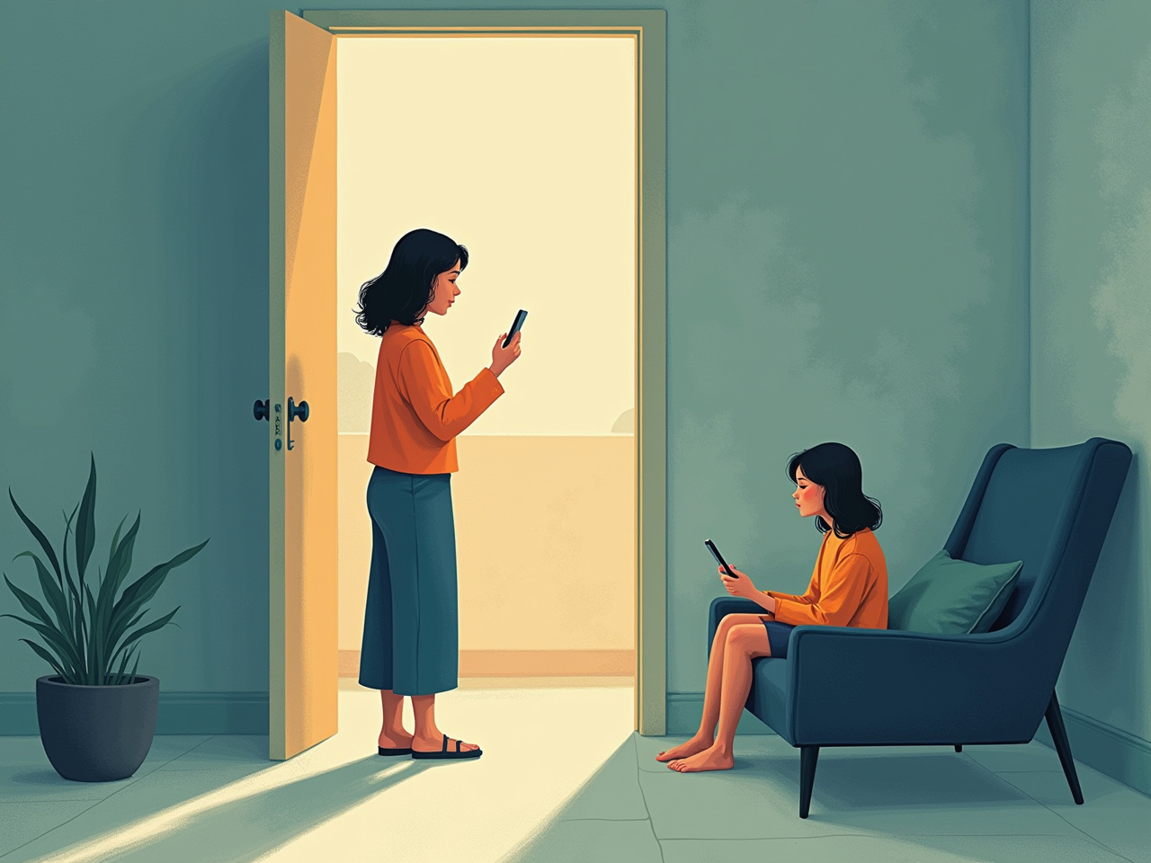 A mother in a doorway notices her daughter sitting quietly by the window with her phone.
