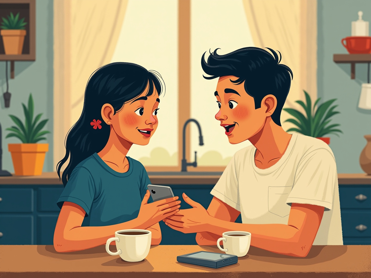 A father and daughter talk warmly at the kitchen table, a phone face-up between them.