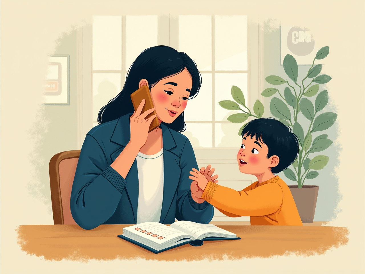 A mother calmly makes a phone call while holding her son's hand.