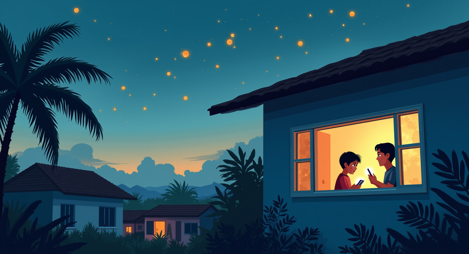 A Filipino home at dusk; a child in a lit window holds a glowing phone while a parent sits nearby.